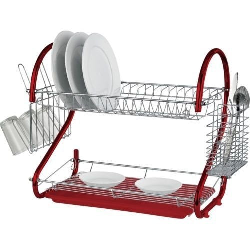 2 Tier Chrome Plated Dish Drainer, Red