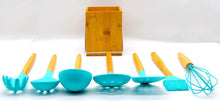 8 Piece Silicone Cooking Utensils Cutlery Set with Bamboo Wood Handles / Wooden Utensil Holder Included / Teal Kitchen