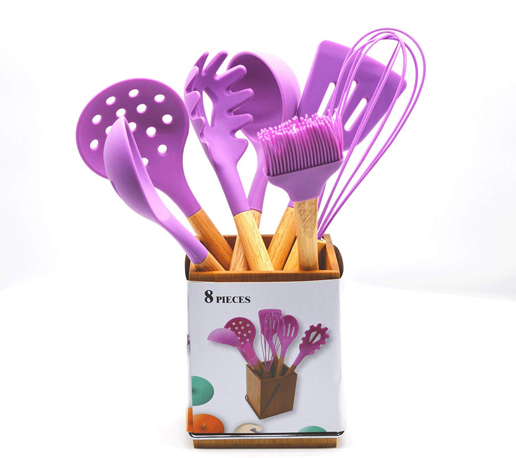 8 Piece Silicone Cooking Utensils Cutlery Set with Bamboo Wood Handles / Wooden Utensil Holder Included / purple Kitchen
