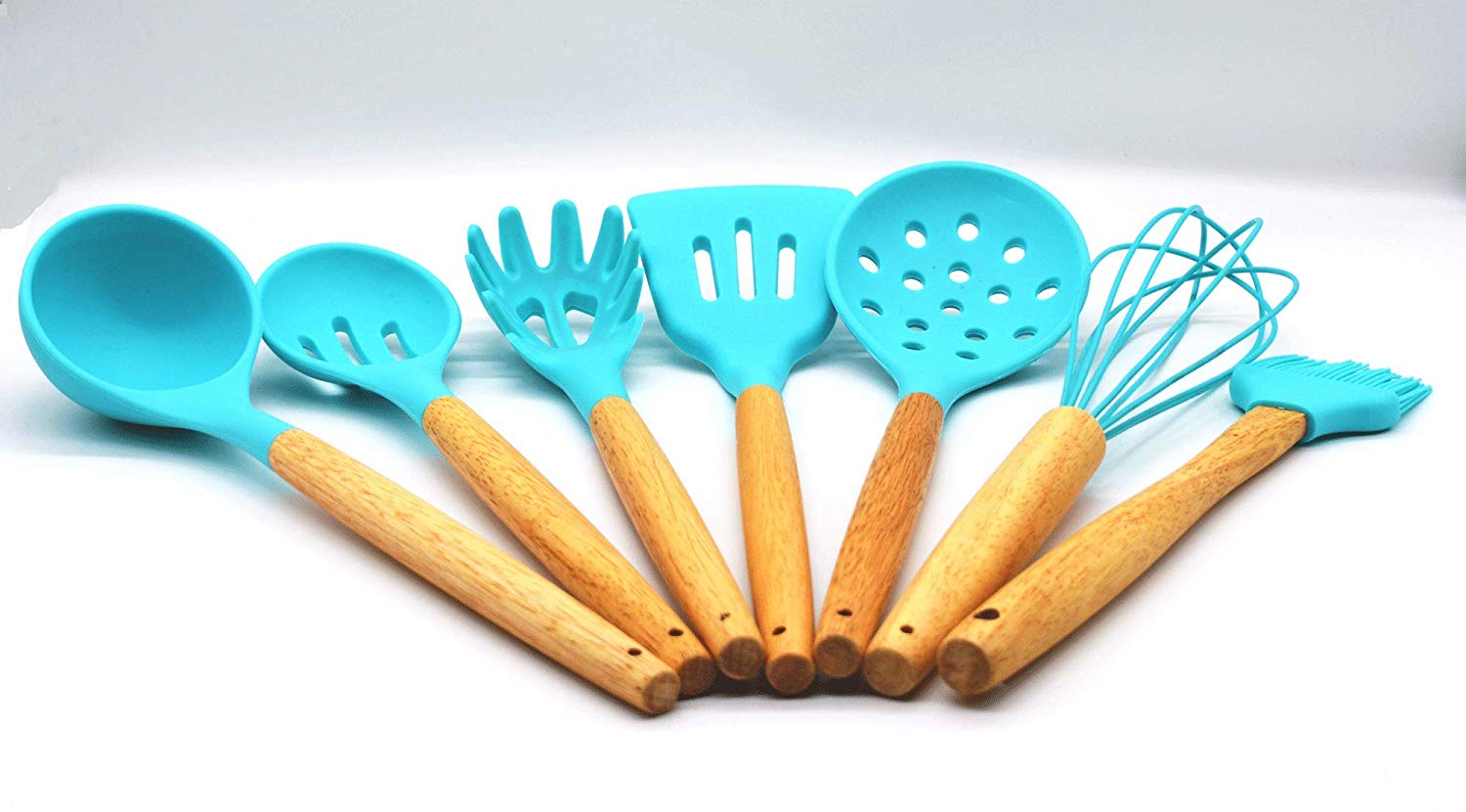 8 Piece Silicone Cooking Utensils Set With Holder / Teal