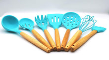 8 Piece Silicone Cooking Utensils Cutlery Set with Bamboo Wood Handles / Wooden Utensil Holder Included / Teal Kitchen