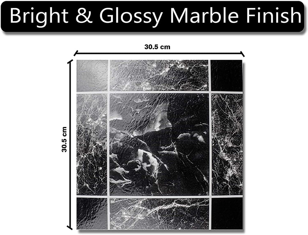 Pack of 12 Black Marble Effect/Design Self Adhesive Vinyl Glossy Tiles | 30.5x30.5cm