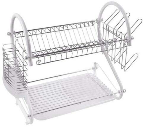 Chrome Plated Durable Dish, Cutlery and Cup Drainer, 2 Tier, White Counter Top Dish Drainer