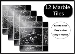 Pack of 12 Black Marble Effect/Design Self Adhesive Vinyl Glossy Tiles | 30.5x30.5cm