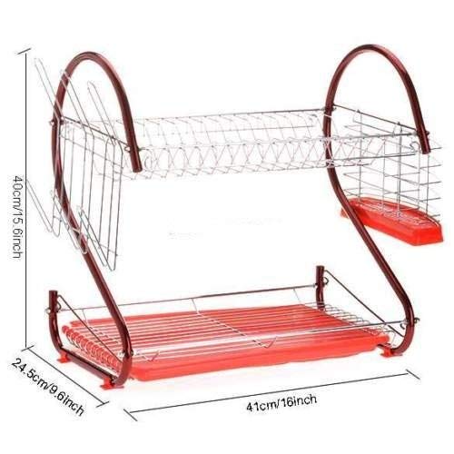 Chrome Plated Durable Dish, Cutlery and Cup Drainer, 2 Tier, Red Counter Top Dish drainer rack