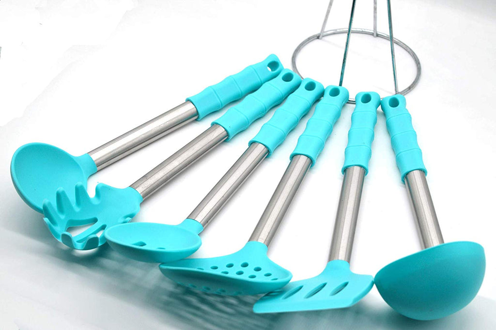 6-Piece Cooking Utensils Cutlery Set with Silicone Grip Handle / Cookware Set / Teal Kitchen