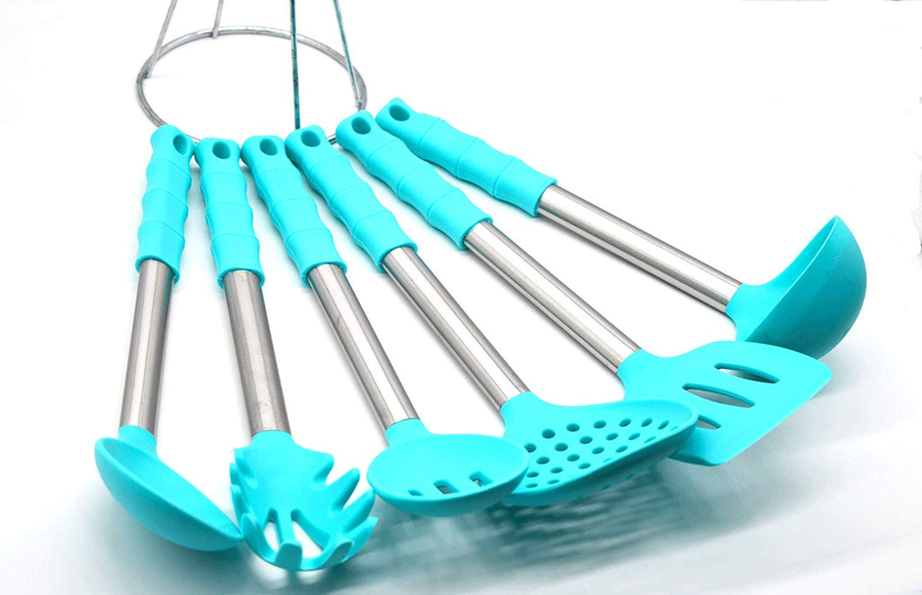 6-Piece Cooking Utensils Cutlery Set with Silicone Grip Handle / Cookware Set / Teal Kitchen